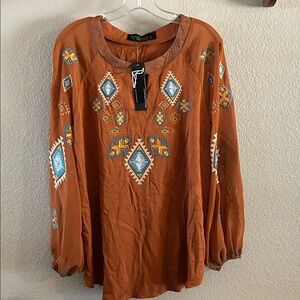 Lucky & Blessed Rust Blouse with Colorful Embroidery